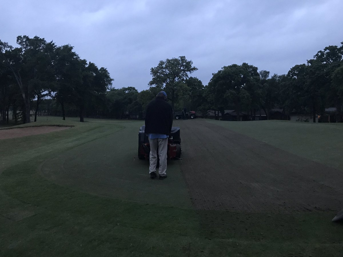 LakeKiowaGCM's tweet photo. Day 2 of greens aerification is underway. Guys killed it yesterday!! Hoping rain stays away until we're finished. #openemup #letembreathe https://t.co/mq9RZEqho0