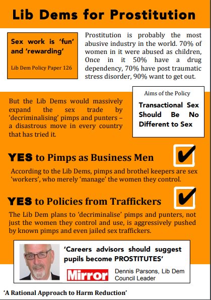 As we have been talking about the shift in the Overton Window and politicians cosying up to the sex industry/pimp lobby these proposed policies of the Lib Dems may be of interest (Flyer produced by  @not_buyingit) :