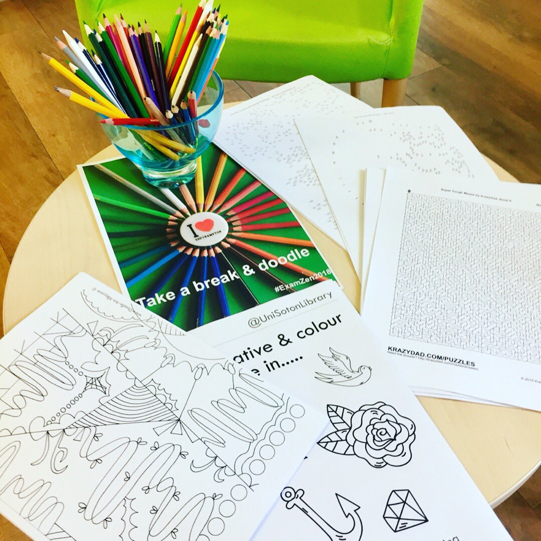 UniSotonLibrary's tweet photo. #examzen2018 on level 2 in the foyer @unisouthampton Hartley Library.  Get stuck into puzzles, dot to dots, colouring and mazes during your study or work breaks.  We’ve got varying difficulty levels to make it interesting. #universityofsouthampton #exams #takeabreak #dottodot https://t.co/H4Ft2gS6BO