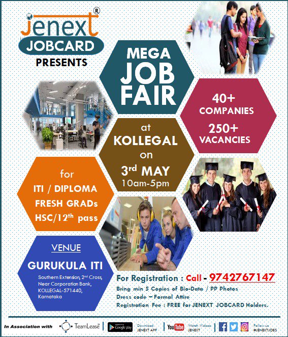 jenextjobs's tweet photo. JENEXT- Mega Job Fair 
Venue: GURUKULA ITI, Kollegal, Karnataka

Contact: 9742767147

#jenext #jobs #jobfair #Gurukula #Dreamjobs https://t.co/vjr9IhgcPU