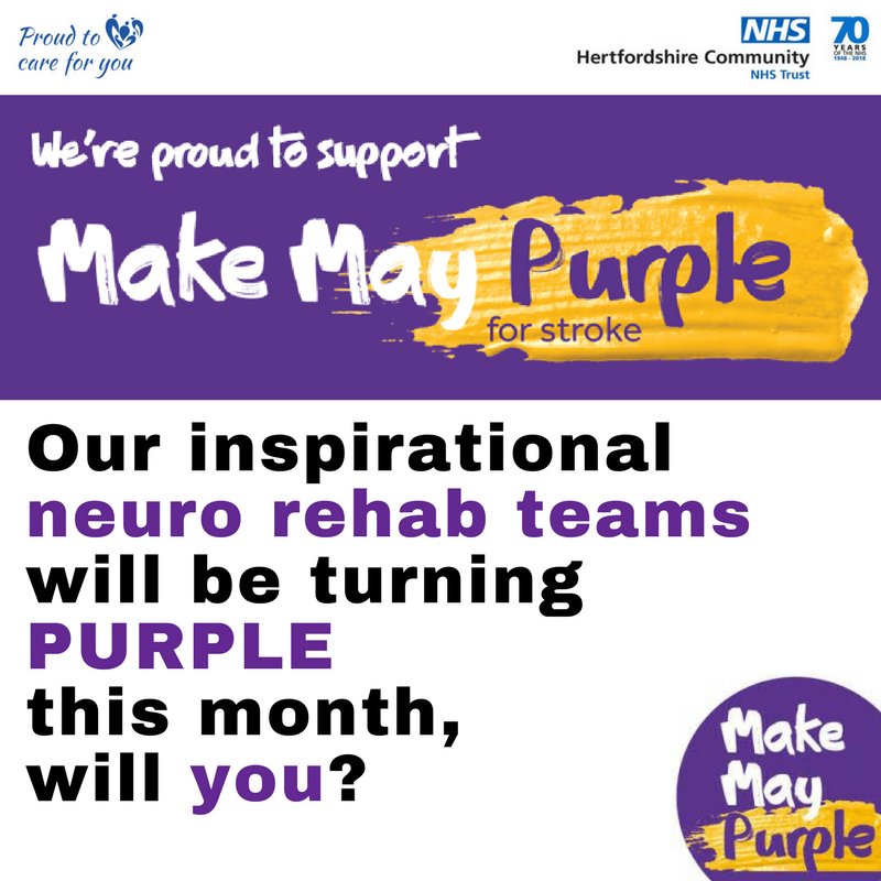 May is annual stroke awareness month and we're turning purple to proudly support it! Our amazing neuro rehab teams will be raising awareness and money throughout the month, so stay tuned for more information soon!
#MakeMayPurple! <a href="/DanesburyNeuro/">Danesbury Neuro Unit</a> <a href="/TheStrokeAssoc/">Stroke Association</a> @ENHertsCCG <a href="/HVCCG/">Herts Valleys CCG</a>