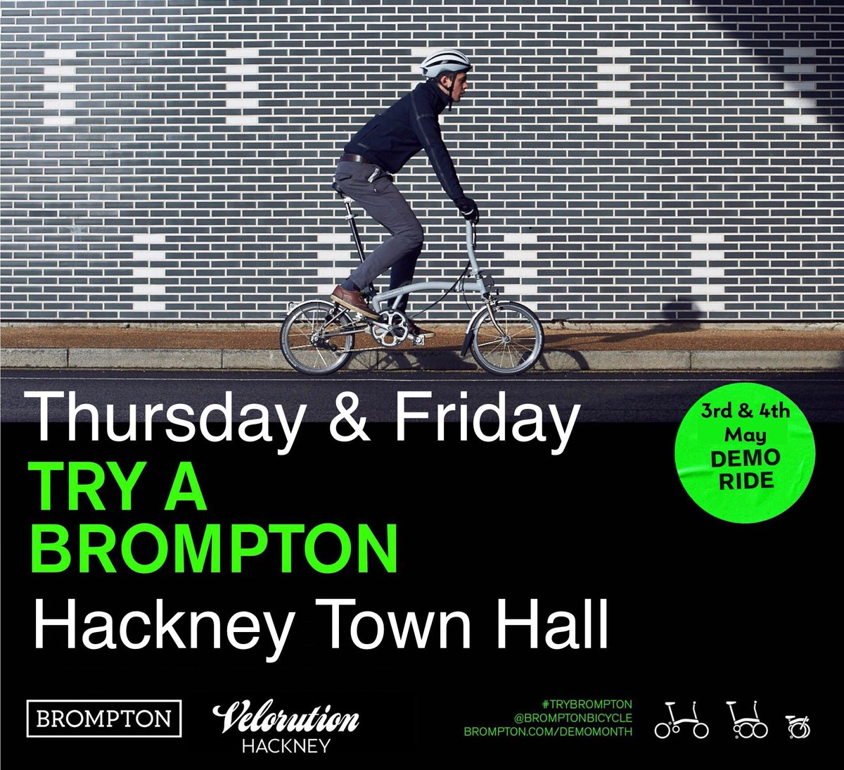 velorutionx's tweet photo. Brompton Roadshow will be appearing outside Hackney Town Hall this Thursday & Friday. Meet the Brompton & Velorution experts and Try A Brompton bicycle.. we can also assist you in purchasing one of these incredible folding bikes. #TryBrompton #Hackney #alwaysrideinstyle 🚲 🇬🇧 https://t.co/aROal2R4tV