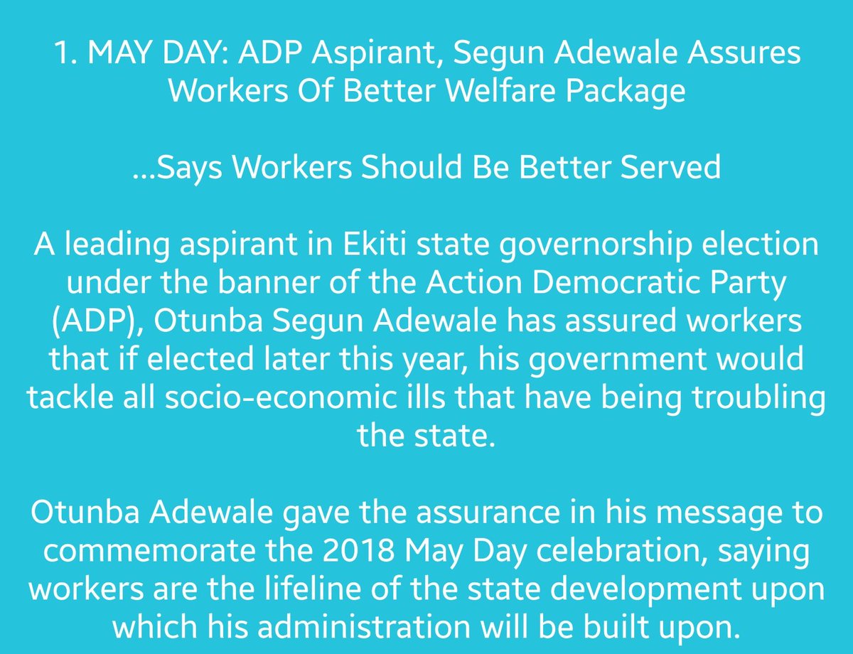 OSAprapra's tweet photo. MAY DAY: ADP Aspirant, Segun Adewale Assures Workers Of Better Welfare Package
#VoteADP #VoteOSA #RethinkEkiti #OSAprapra https://t.co/oOC3Svfru6