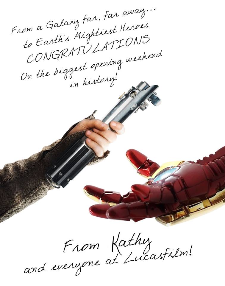 joybhattacharj's tweet photo. A really cool gesture from the Star Wars franchise, congratulating the Marvel gang! https://t.co/OI891GUSmP