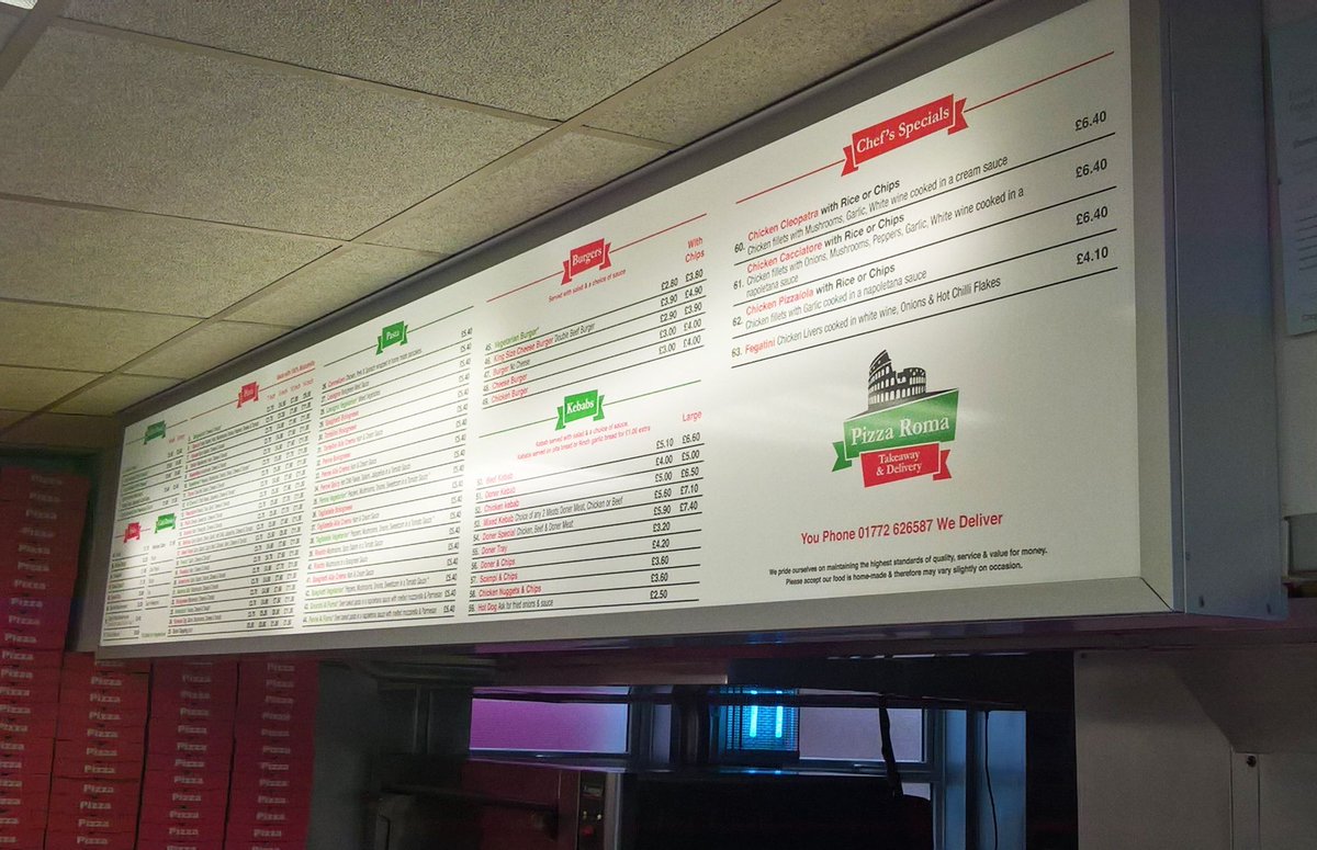 SXCentralLancs's tweet image. 🍕🍔🍗 Did you know we can produce &amp;amp; install backlit menus for takeaways, restaurants, cafes, chippys etc? 🍟🍩 We can supply totally new menu units or update your existing menu.
#takeaway #restaurantsign #cafesign #coffeeshopsign #backlitsign #menusign #lancashire #chippytea