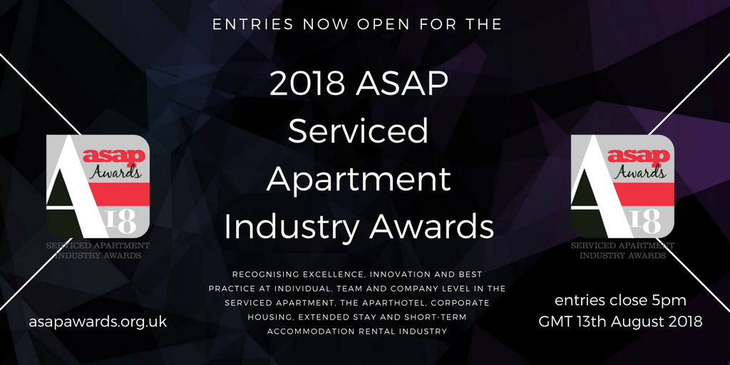 ASAPThe's tweet photo. Delighted to announce the @ASAPThe 2018 Serviced Apartment Industry Awards are now open for entries. In the business of serviced apartments, corporate housing, aparthotels, extended stay, short term rentals? Operator, agent, business partner? Enter now! https://t.co/n8iZb5OB7p https://t.co/5ZGXcdialx