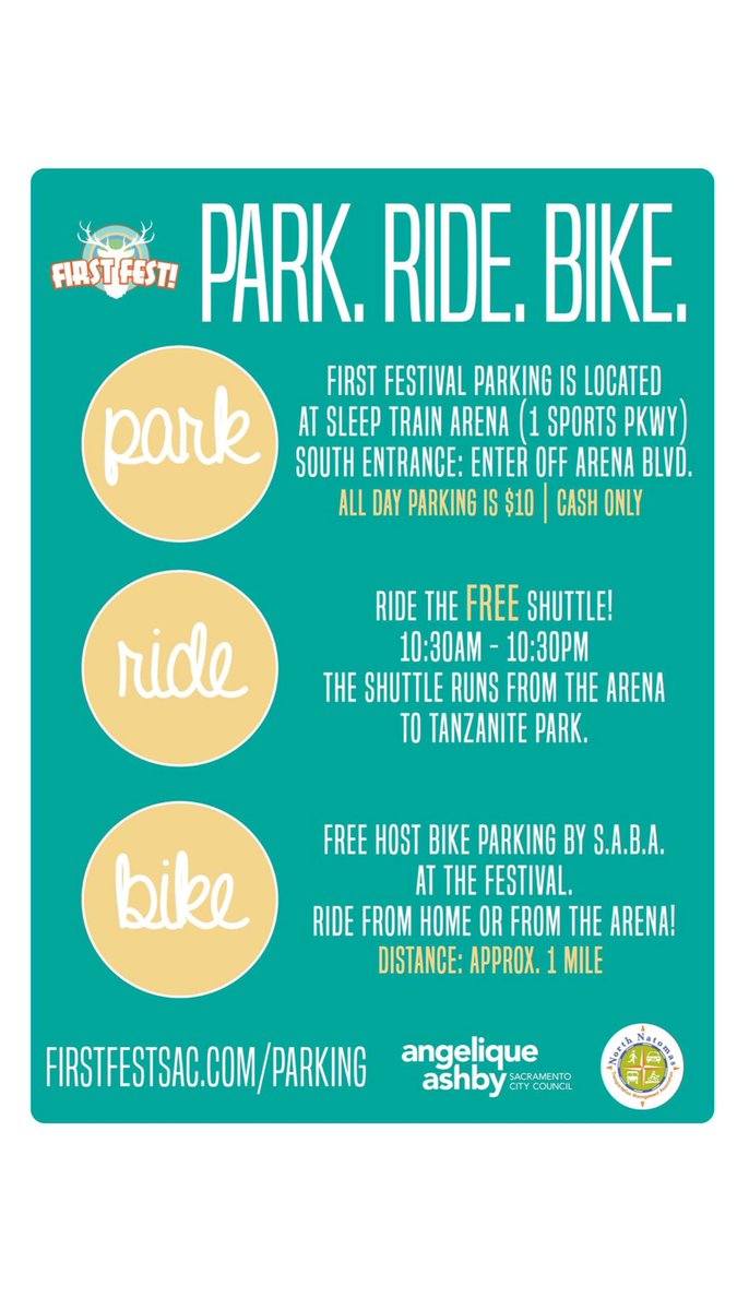 First Festival (@firstfestsac) on Twitter photo PARK. RIDE. BIKE. π Peep the parking for First Fest this year and take a ride on the free shuttle! Big thanks to <a href="/AngeliqueAshby/">Angelique Ashby</a> & @NorthNatomasTMA π PARK. RIDE. BIKE. π Peep the parking for First Fest this year and take a ride on the free shuttle! Big thanks to <a href="/AngeliqueAshby/">Angelique Ashby</a> & @NorthNatomasTMA π
