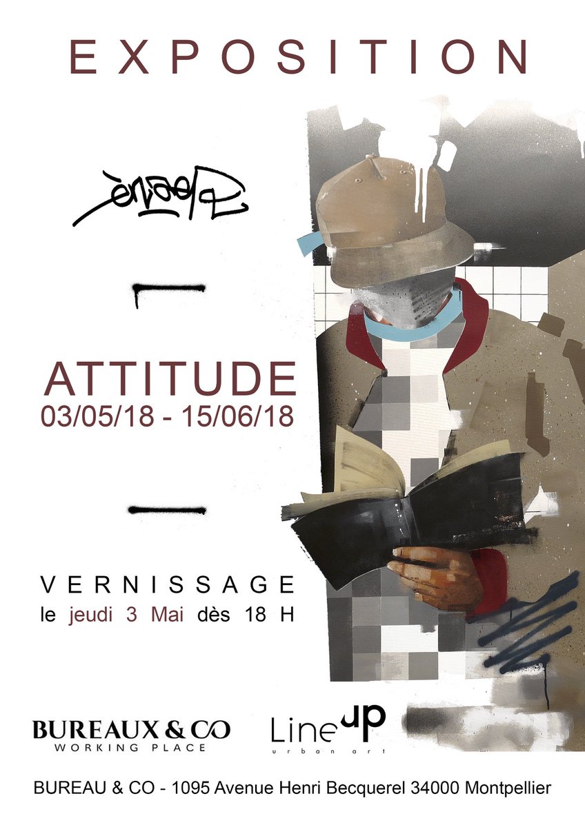 #StreetArt vernissage de l’#exposition « Attitude » présentée par Enaer (du 3 mai au 15 juin) ce jeudi 3 mai dès 18h à <a href="/bureauxandcoFR/">Bureaux & Co</a> de #Montpellier
➔ bit.ly/2r9WuaK