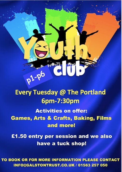 galston_trust's tweet photo. YOUTH CLUB | Tonight sees the start of the p1 to p6 Youth Club in The Portland between 6pm and 7.30pm. Please note that all kids must bring an adult on the first night to complete a form. £1.50 a week and we also have a tuck shop. https://t.co/v1Stgi7m7I