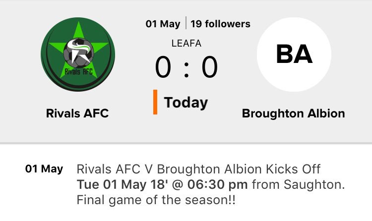 RivalsAfc's tweet photo. Tonight we play our Final game of the season, ending a tough few weeks for the team with a bare bones squad. 

⚽️ Broughton Albion 
🏆 League  
📍 Saughton 
📅 Tues 1st May
⌚️ 6:30pm

As always we welcome you all along to show the lads your support. https://t.co/JGSSm25huJ