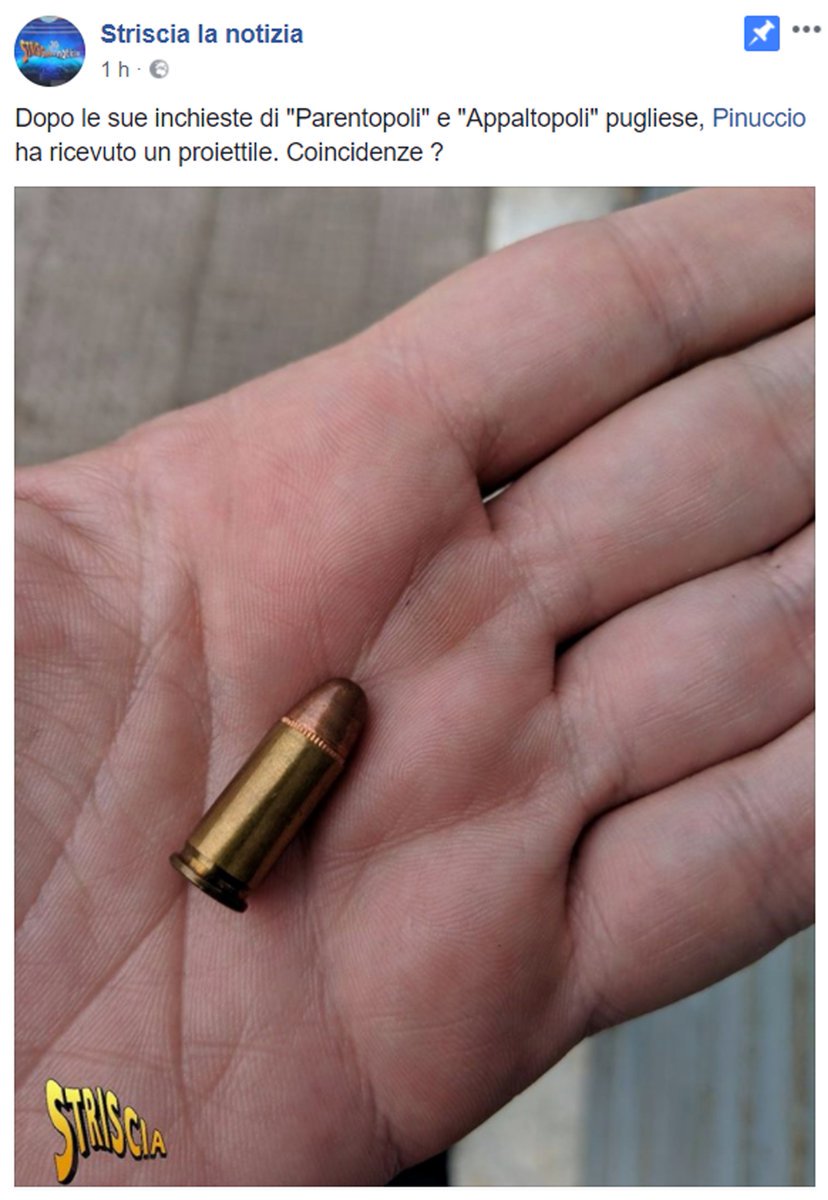 Proiettile a <a href="/Pinucciosono/">Pinuccio</a> dopo le sue inchieste in Puglia. Solidarietà di attivisti e portavoce del #M5S Puglia. #ForzaPinuccio => goo.gl/hdomBc