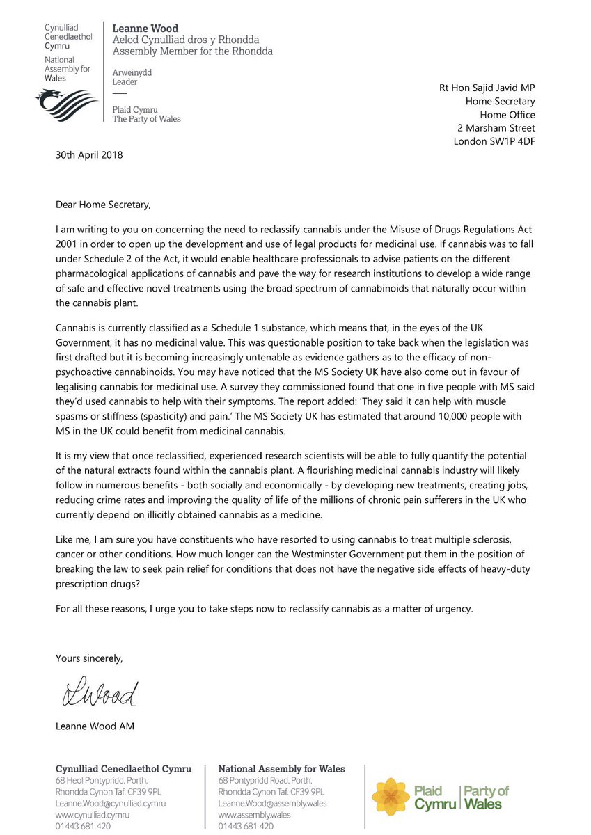 LeanneWood's tweet image. Letter to new Home Sec making the case for reclassification of cannabis under Misuse of Drugs act so that it can be used for medicinal benefit. I support the campaign on this from @mssocietyuk
#DevolveCriminalJustice so we can solve this problem for ourselves