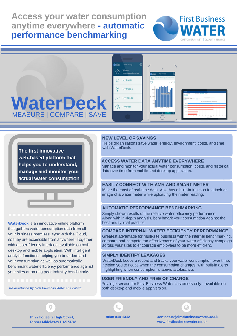 FirstBusinessW's tweet photo. #FirstBusinessWater is officially launching its #innovative online platform, #WaterDeck. Designed to support businesses to easily understand and track their #water consumption as well as benchmark water usage performance. 💦📊🌍📲🖥️
Read more https://t.co/Zcfa2zSiqL https://t.co/u7iGKmwZ6a
