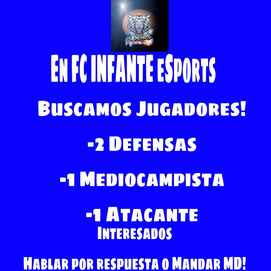 HOY!!! estaremos Haciendo pruebas en FC INFANTE!💪🏼⚽️
Requisitos:SERIEDAD Y COMPROMISO
Experiencia:CUALQUIER!
A qué esperáis para uniros a esta gran familia!?!?! <a href="/AyudasVFO/">AyudasVFO</a> @FichajesVFO <a href="/FichajesVFOMX/">Fichajes VFO MEXICO</a> @VfOFichajes <a href="/FichajesLefv/">Fichajes LEFV eSports</a> @<a href="/VFO_fichajes/">MercafichajesVFO®</a> @fichajesvfops @VFOsp_Fichajes