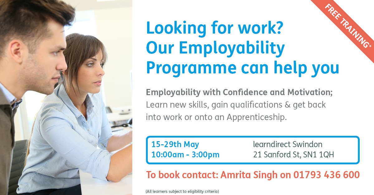 Looking for work in #Swindon ? Our FREE employability course can help you, boost your confidence and your CV with new skills. #FundedTraining #Jobs Please ReTweet @JCPinSwindon