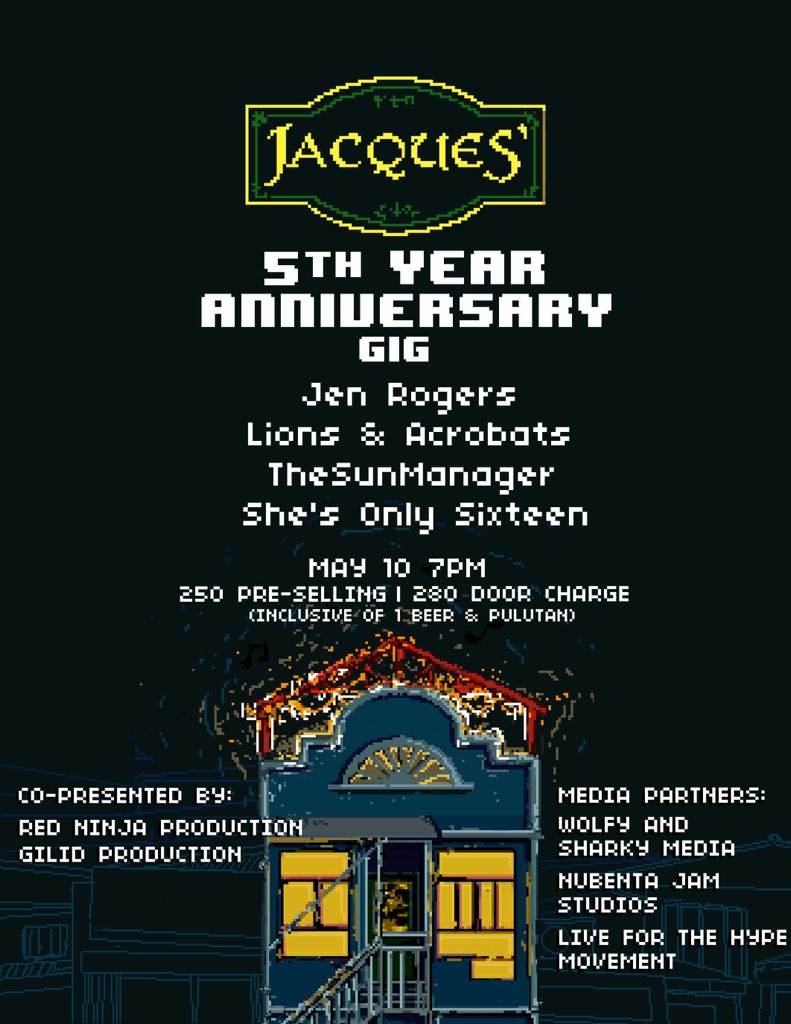 jacquesLB's tweet photo. Jacques’ 5th Anniversary Gig!🎂
May 10| Thursday Night| Doors open at 6:30pm

With performances by

@jenrgrs
@TheSunManager
@lionsacrobats 
@shesonlysixteen 

Special thanks to

@RedNinjaProd
@gilidprod
@LiveFor_TheHype

RT pls?🍺 https://t.co/JjI0n6p8QP