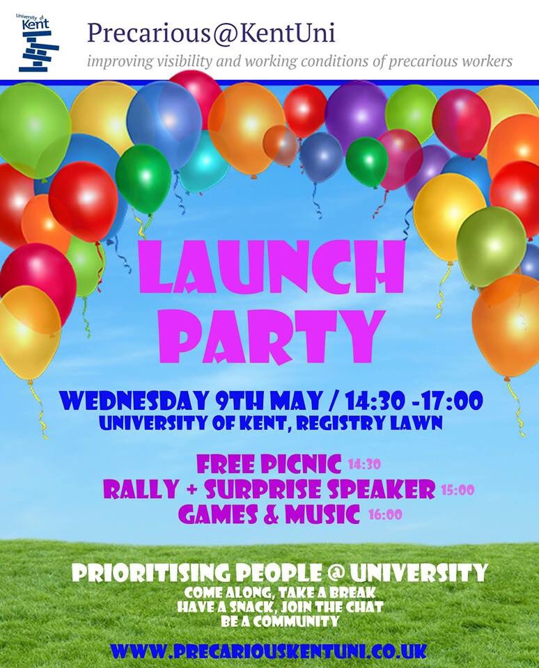 We're having a launch party next week! If you're in or around Canterbury, come and join us at the picnic. Get informed, get involved, show solidarity. #precarity #USSstrike #reclaimHE #InternationalWorkersDay @UcuLeft @UCUSOAS @UCUAnti_Cas @Durhamcasuals @UCL_UCU @sussexucu