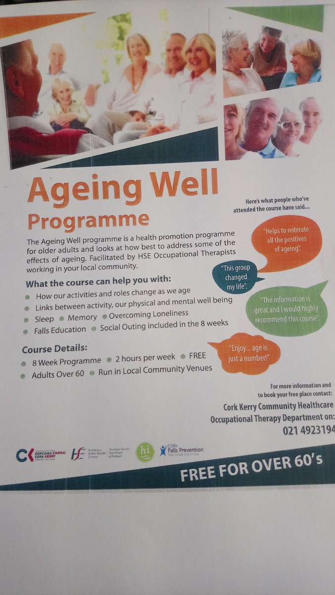 CorkFallService's tweet image. Ageing Well Programme Programme now fully booked. 

To register for upcoming programmes in Autumn please contact the OT department on 021 4923194 or for further information.