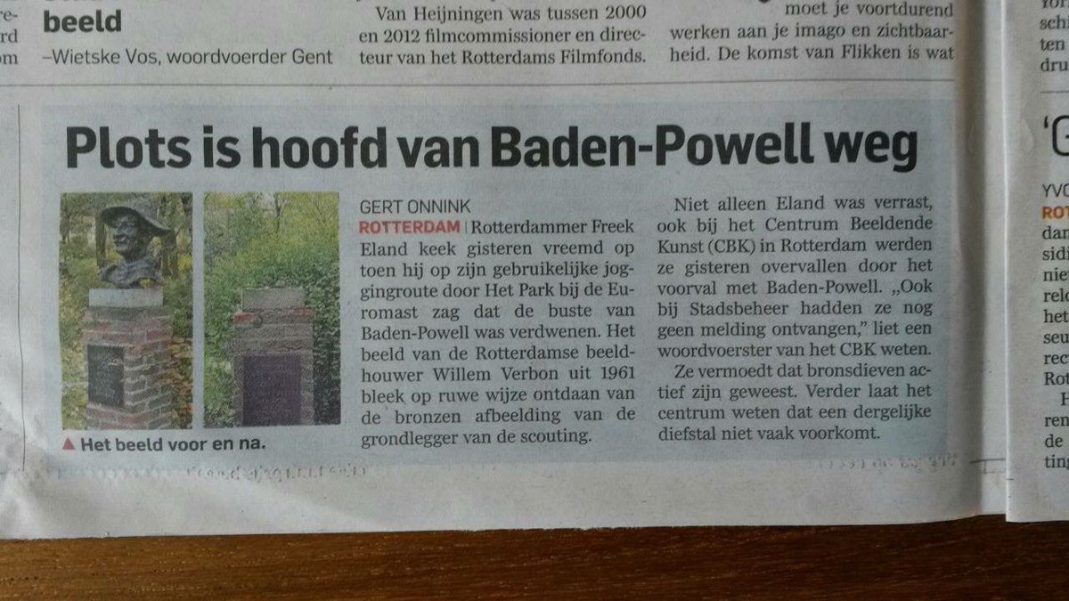 ScoutingStJoris's tweet photo. 3 jaar geleden is dit borstbeeld van Robert Baden-Powell verdwenen uit het park bij de #Euromastpark Is hij inmiddels al weer vervangen? @rotterdam @Stadsbeheer010 @scouting_nl  @ScoutingRdam #robert #baden-powell #rotjeknor #borstbeeldfoetsie https://t.co/BUtQ0QhDzF