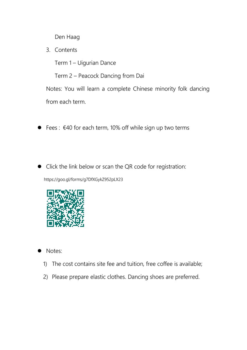 News！！ A professional dancing teacher from China will open Chinese-folk-dancing courses in China Cultural Center Den Haag. 
Registration opens now！
Click the link below or scan the QR code for registration:
goo.gl/forms/g7DfXGyk…