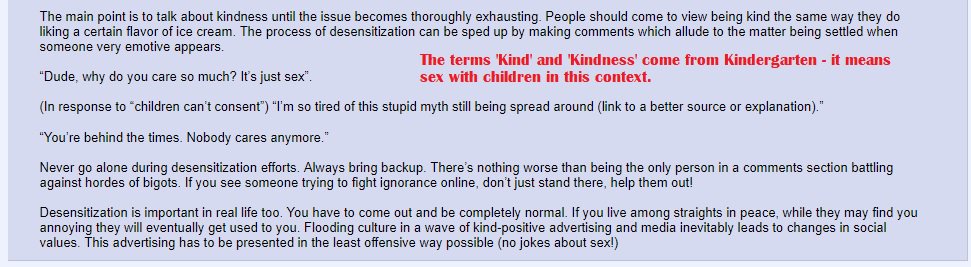 More on desensitisation and the 'Overton Window' tactic and flooding culture. It describes those who oppose paedophilia as 'hordes of bigots' and ignorant.