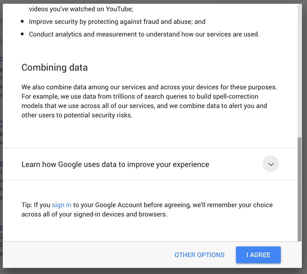 Screenshot of modal window where Google vaguely explains how it uses your data, with a big blue ‘I agree’ button at the bottom.