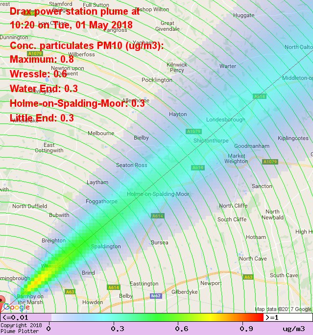 plumeplotter's tweet photo. Latest Drax power station plume plot, 10:20 01/05/18 #Wressle #WaterEnd #HolmeonSpaldingMoor https://t.co/2NwCt6vqha https://t.co/d4WrB6ecIo