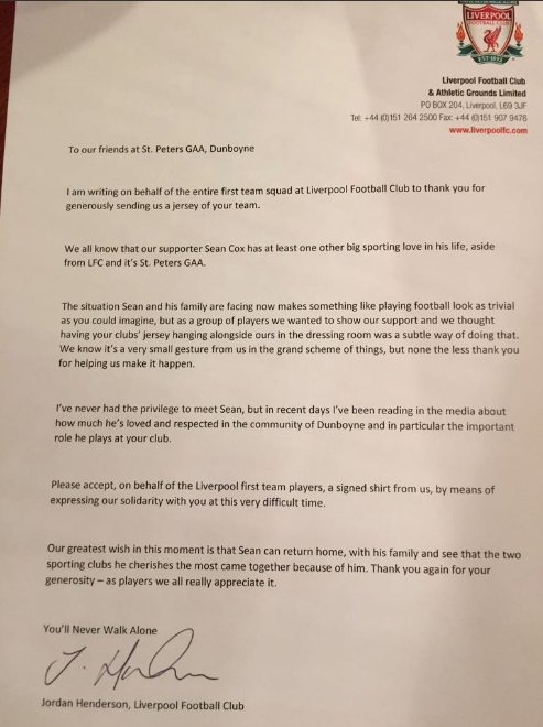empireofthekop's tweet photo. The letter Jordan Henderson has sent Dunboyne GAA, the club Liverpool fan Sean Cox was previously chairman of ❤️

YNWA https://t.co/dZx9wIK5Wn