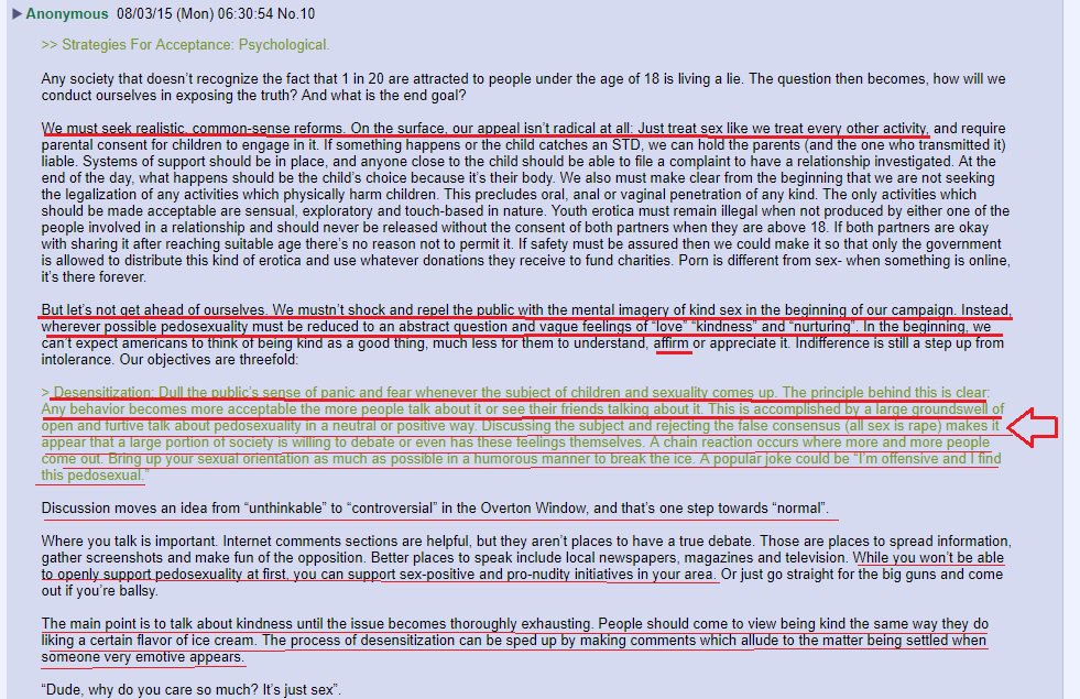 It talks about slowly ratcheting up demands, not shocking and repelling the public too quickly. (Kind sex - Kind comes from Kindergarten). It talks of supporting 'sex-positive' initiatives first as a warm up and then paedophilia later.