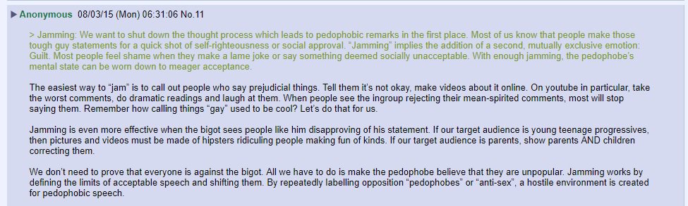 Here it describes the process of 'Jamming' - to shut down the thought process which would question this movement. Using social pressure, particularly targeting young 'progressives', to make debate unacceptable