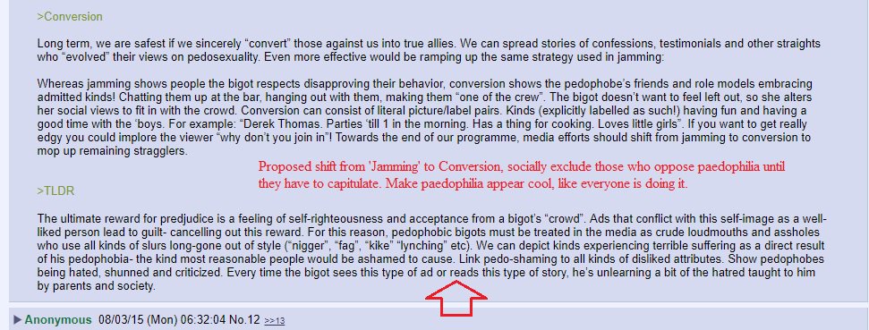 It posits a shift from ‘Jamming’ to ‘Conversion’ – creating true allies to the cause. ‘Pedophobes’ need to see their friends & role models embracing ‘admitted kinds’ (paedophiles).