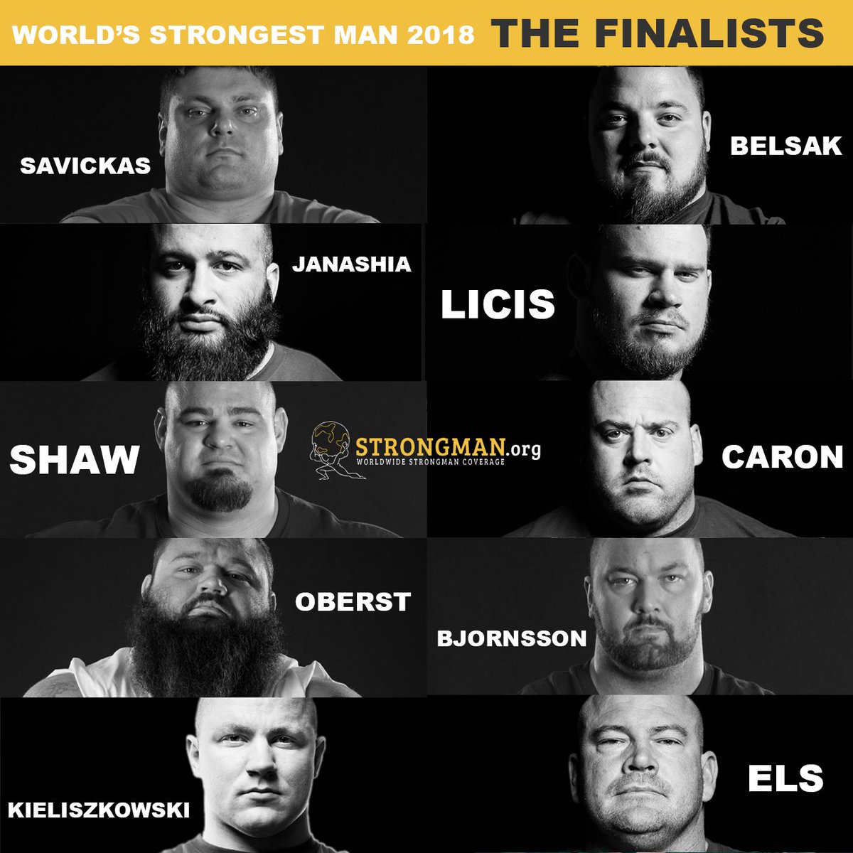 strongmanorg's tweet photo. World's Strongest Man 2018 - The Finalists
#strongman https://t.co/zXKwPVStLX