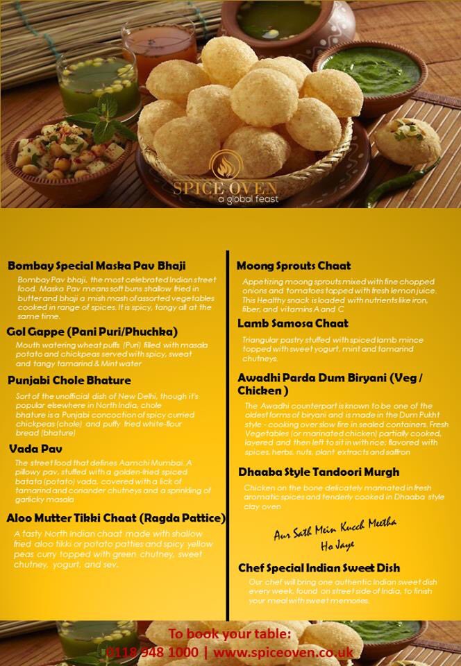 SpiceOven's tweet photo. We can't wait to welcome you to the Indian street food festival starting next Saturday (12-4pm). To book your place visit https://t.co/BRuNQN6lGn or call 01189481000. Check out our menu below ! https://t.co/MO1vZEjtyr