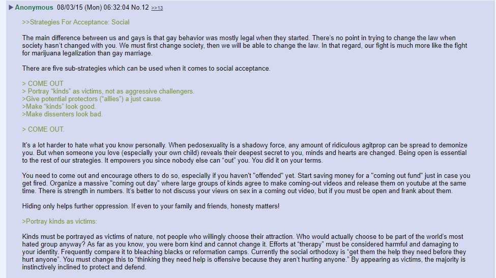 It lists strategies for social acceptance. It proposes 1.Come out 2.Portray 'Kinds' (paedophiles) as victims, not aggressive challengers 3.Give potential allies a just cause to fight for 4.Make kinds look good 5. make dissenters look bad