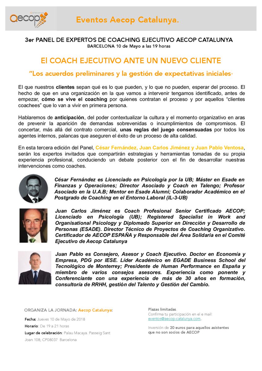 aecop_cat's tweet photo. Seguimos ... para el jueves 10 de mayo con nuestro 3er PANEL DE #expertos en esta ocasión de referentes del #coaching ejecutivo tales como: @CesarF_TALENGO Juan Carlos Jimenez Remedios y Juan Pablo Ventosa! Aqui tenéis toda la info... https://t.co/2VL30v3nSM