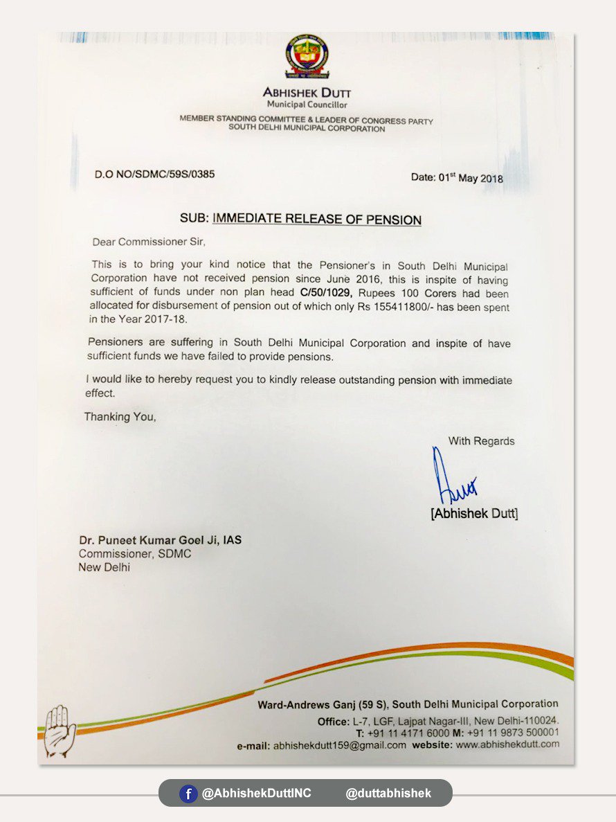 duttabhishek's tweet photo. Appalling that out of 100cr earmarked for pensions, @BJP4Delhi led SDMC has only disbursed 15cr in the last session, holding due pension of beneficiaries since the last 24 months. Met Shri UC Tyagi Ji IAS, Addl Commisioner, SDMC, demanding for immediate release of pension money! https://t.co/YvBTQpK3e1