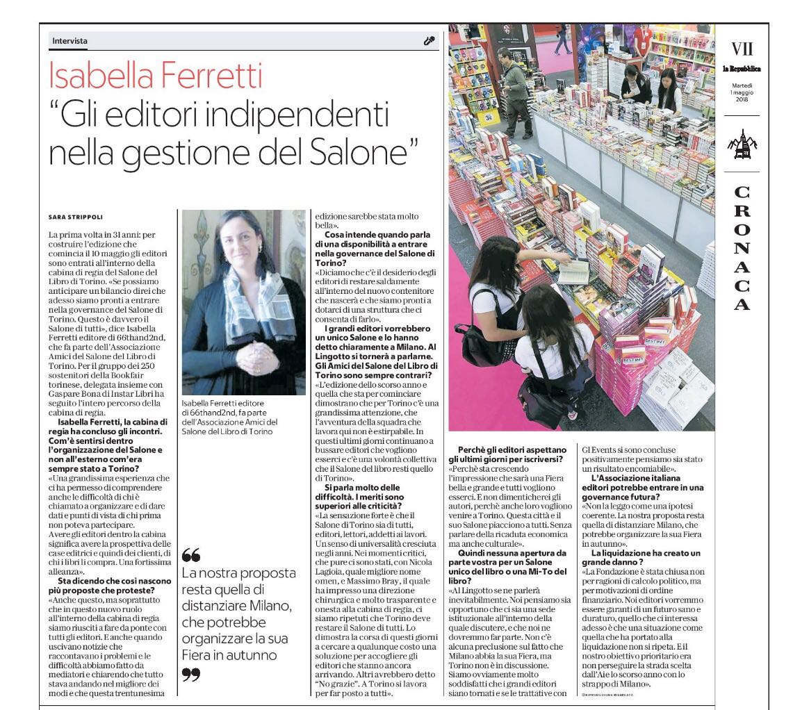 SalonedelLibro's tweet photo. Su @rep_torino, @StrippoliSara intervista Isabella Ferretti (@66thand2nd) sulla direzione condivisa di questo #SalTo18, sul coinvolgimento degli editori e sulle sfide future. 💪🏼📚 https://t.co/PfbxIIrSzg