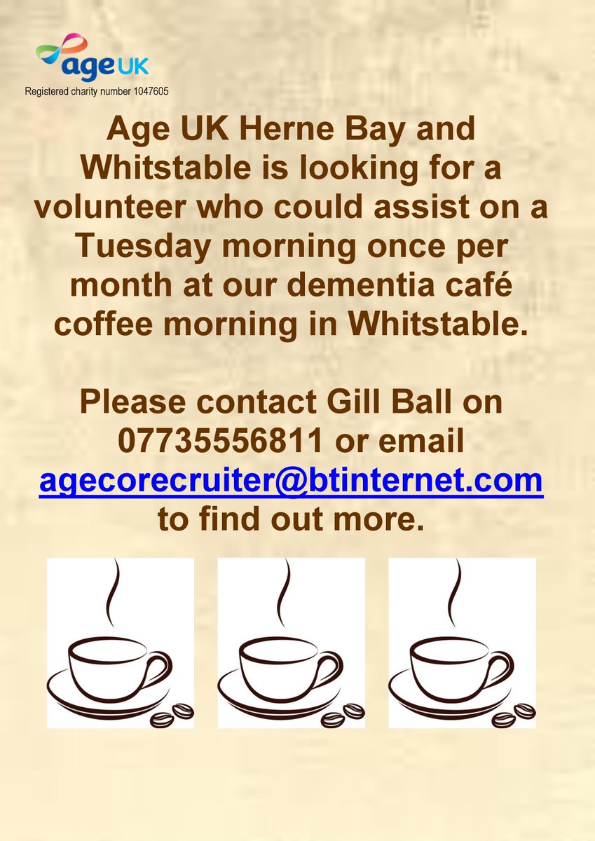 AgeUKEastKent's tweet photo. Can you spare a couple of hours once a month on a Tuesday? https://t.co/cSFbeTfvf1