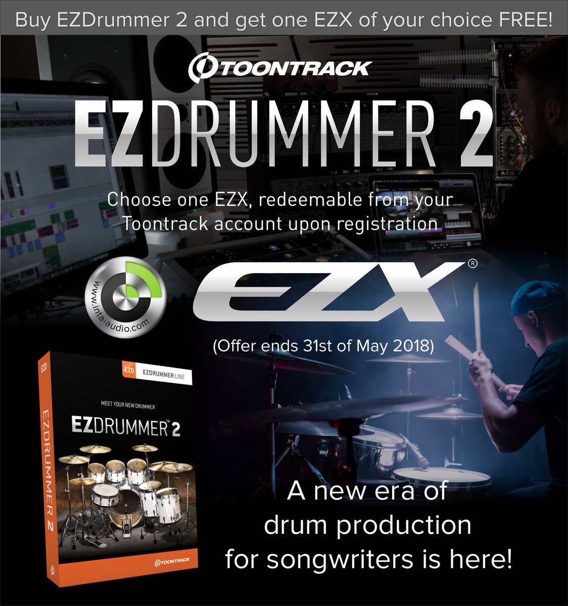 intaaudio's tweet image. From now until the 31st May, get a FREE EZX Expansion pack of choice with a purchase of EZDrummer 2! (redeemable once registered at @Toontrack). Explore your drum groove at: inta-audio.com/computer-music… #toontrack #ezdrummer #drumsoftware #daw #promotion #ezx