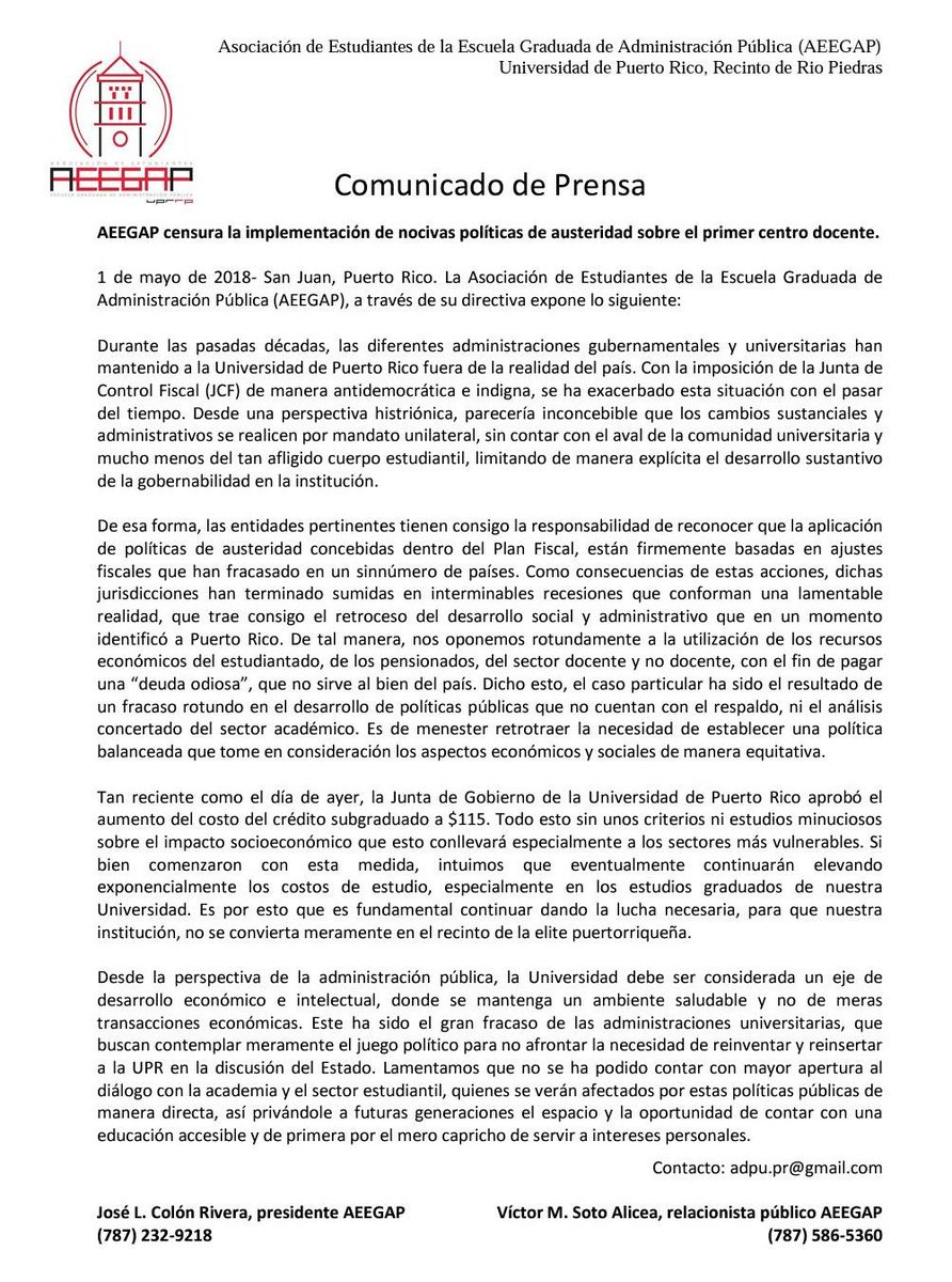 AEEGAPUPR's tweet photo. [Comunicado de Prensa] 1 de mayo de 2018. Expresiones de la Asociación de Estudiantes de la Escuela Graduada de Administración Pública frente a la situación de la Universidad de Puerto Rico. https://t.co/ncUrkd0WYa