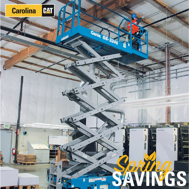 Need a lift?  During our Rental Spring Savings promotion, you can save on this Genie GS-3246 scissor lift!  Reserve yours here:  ow.ly/yHHF30jLnbr  #CarolinaCat #WeBuildNC