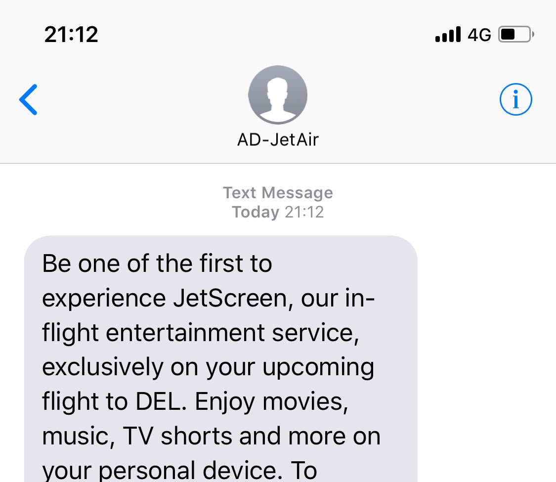 DhamijaSid's tweet image. So #jetscreen has been in the market for more than a year (on limited flights) and then, I still get this SMS from @jetairways stating “Be the first to experience”.