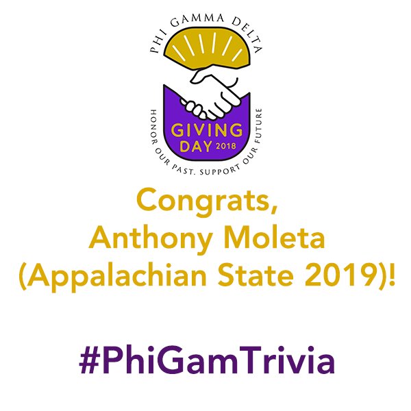 PhiGamHQ's tweet photo. We have a winner, Anthony Moleta @AppStatePhiGam 2019)! The next #PhiGamTrivia question will be at 2:15 pm EDT, and it's a big one. We'll be giving out the Bill Martin "The Big Dog" t-shirt to a winner from Facebook, Twitter and Instagram, so check each one! #PressOn170 https://t.co/9xQIeoeojH