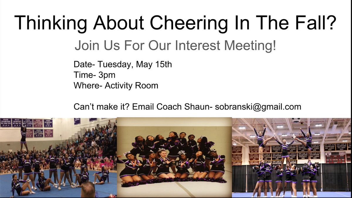 Interested in coming out for fall Cheer? Join us at our fall interest meeting on May 15th! No experience needed. We can’t wait to see everyone 🤗🖤💜