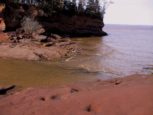 These two pictures were taken 7 minutes apart at Burntcoat Head, the headland S of the "C" of Cobequid Bay on the location map. The best video of how fast the tide is coming in at Economy (the headland across) is here:   #MinasBasinTidal