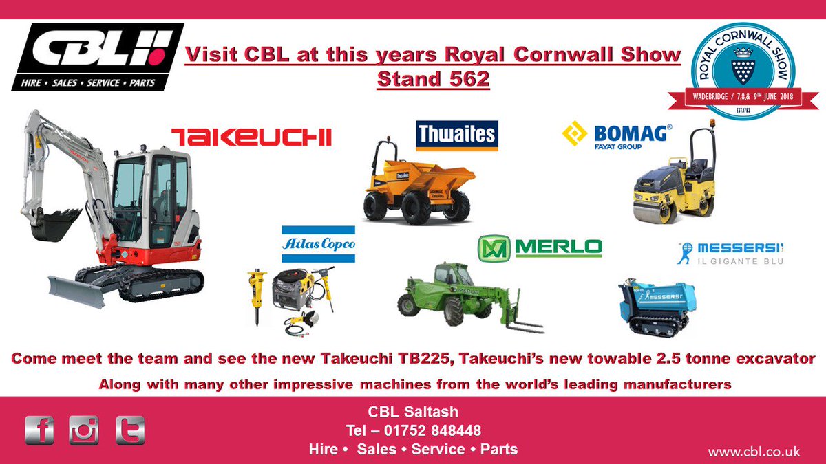 1 Month left until the <a href="/RoyalCornwall/">Royal Cornwall Show</a> 2018! 

#RCS18 #Cornwall #PlantSales #PlantHire <a href="/CBLSaltash/">CBL Saltash</a> <a href="/cbl_plant/">CBL</a> <a href="/Takeuchiuk/">TakeuchiUK</a> <a href="/ThwaitesDumpers/">Site Dumpers</a> <a href="/BOMAGBuzz/">BOMAG GB</a> <a href="/AtlasCopcoGroup/">Atlas Copco Group</a>