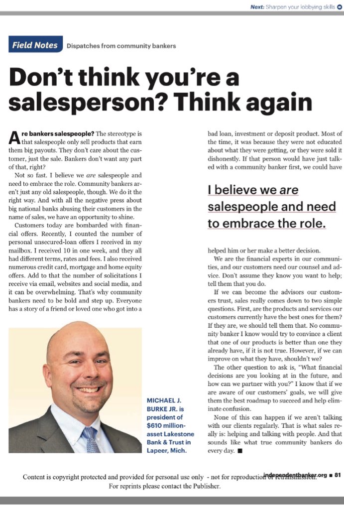 blondebanker_'s tweet photo. Ladies & gentlemen, your friend & mine... @mikeburkejr has an excellent article in this month’s @ICBA Independent Banker magazine! 👏🏻👏🏻 Great article Mike, we are indeed all salespeople! 😃 #IBMagazine
@LakestoneBank https://t.co/WCg1LkomIQ