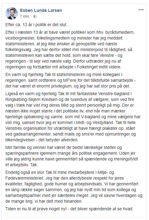 Thomas_Rohde's tweet photo. BREAKING 

Esben Lunde Larsen udtræder af regeringen, skriver han på Facebook. #dkpol https://t.co/kSHMGDf1I0