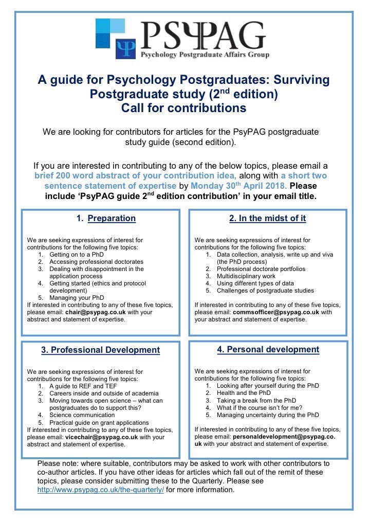 Quick reminder that you have until 7 May to send us your abstract for contributing to the #psypag guide. Great opportunity to reflect on your #postgrad experience!