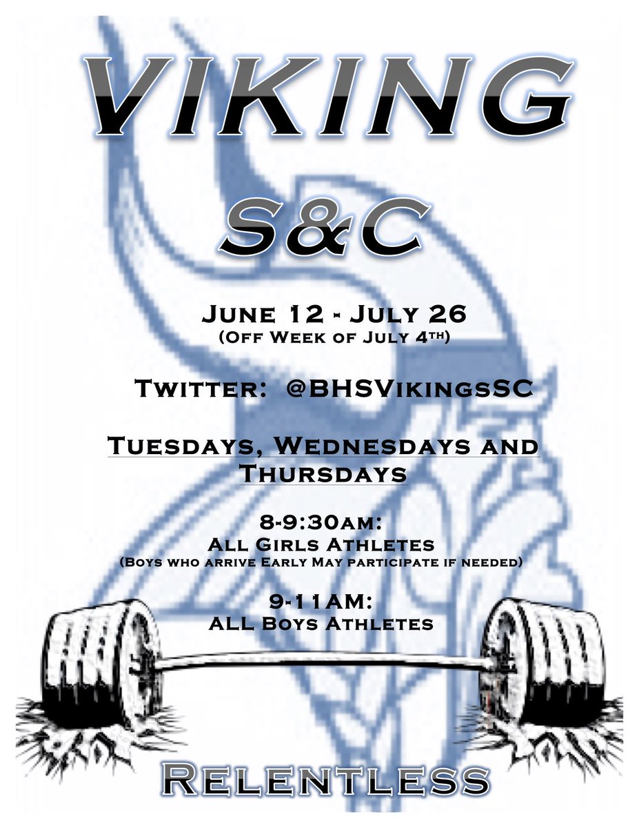 Commit to getting better this Summer!  Your body isn't going to make itself stronger, YOU have to put in the work!  Grab some teammates 3 days/week starting June 12 and lets prepare for 6A! @BHSVikingFootba @ladyvikesbball <a href="/SFA_bisd/">SFA Middle School</a> <a href="/BHSVikingsGolf/">BHS Viking Golf</a> <a href="/BHSVikingHoops/">Viking Basketball</a>